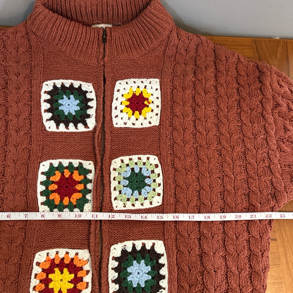 POL Zip-Up Cardigan with Crochet Granny Square Accents - Picture 4 of 6